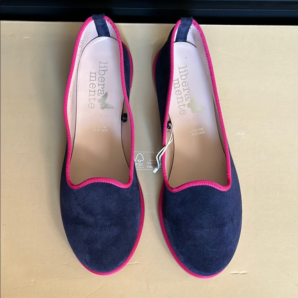 Black and Pink Suede Flats with Rounded Toe